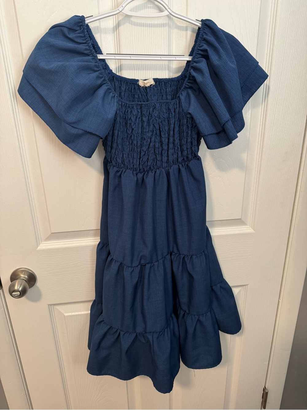 Women’s Smocked Navy Tiered Dress with Flutter Sleeves